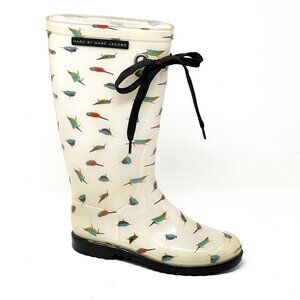 Marc Jacobs Rain Boots Tall Rubber White Multicolor Bird Print. Size 5.5